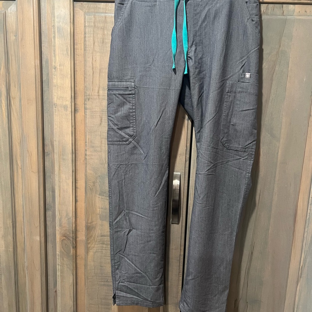 Figs Gray Skinny Pants with Teal Drawstring